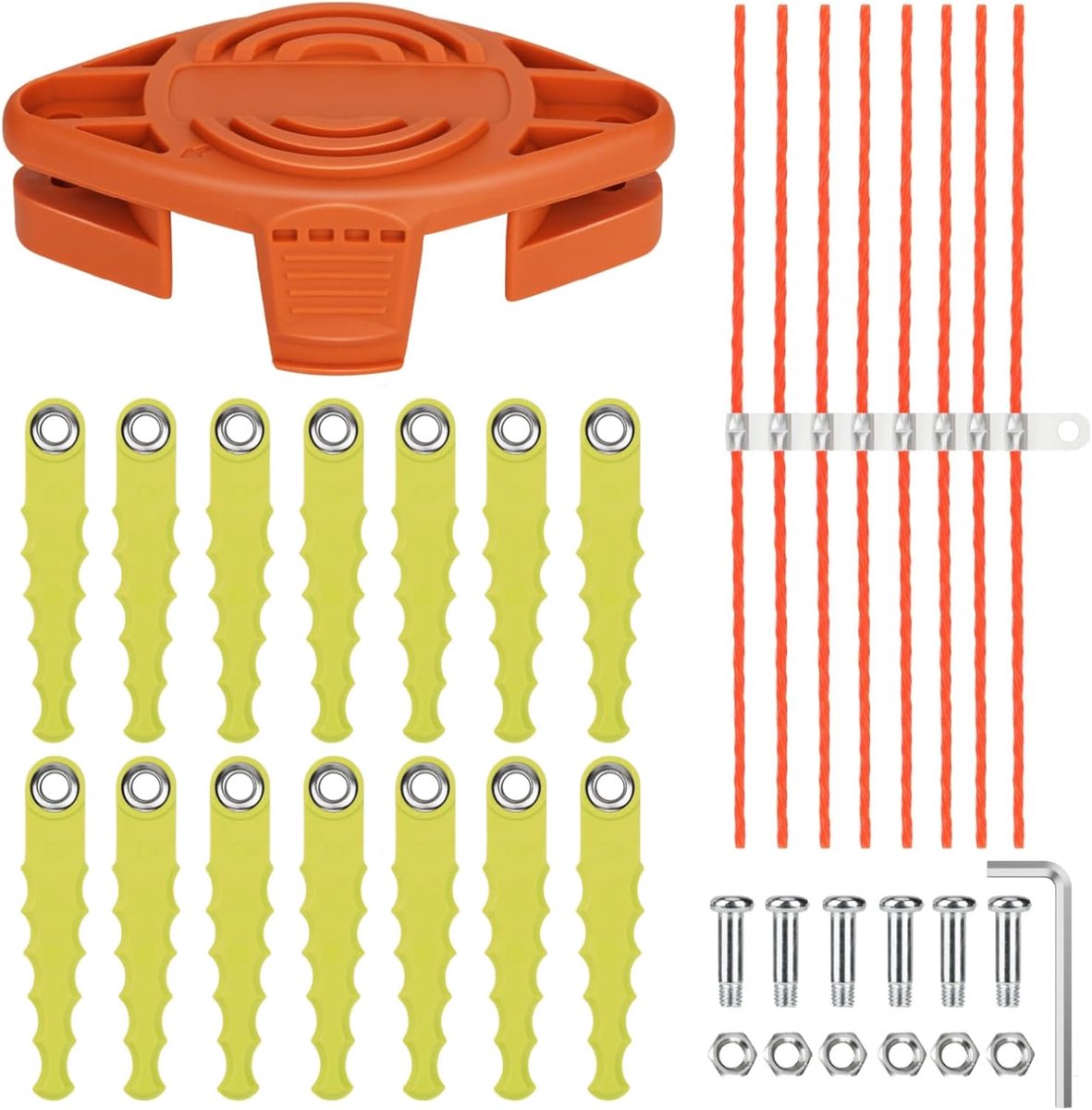 SnelShoppen - 14x Vervangende Maai Bladen en 8x Extra Sterke Draad voor Draadloze Grasmaaier, Geschikt voor 20V Trimmers, Plastic, Tuinaccessoires