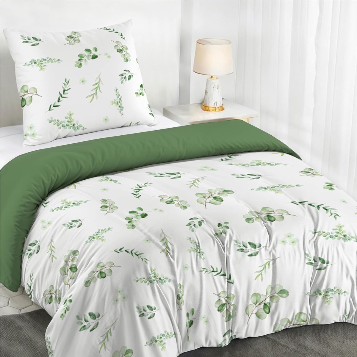SnelShoppen - Duvet Cover 135x200 cm met 1 Kussensloop 50x70 cm, Sage Green Botanisch Patroon, Oeko TEX, 135x200 Bedlinnen met Rits, Luxe Microfibre