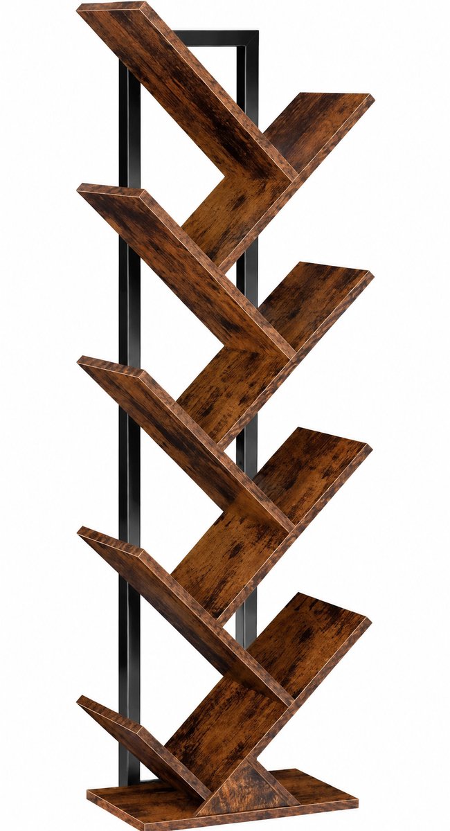 Boomboekenplank Met 9 Niveaus - Hoge Staande Boekenkast Voor Boeken, CD’s En Decoratie - Vrijstaand Opbergrek In Rustiek Bruin En Zwart - Ruimtebesparende Boekentoren Voor Woonkamer, Slaapkamer En Kantoor