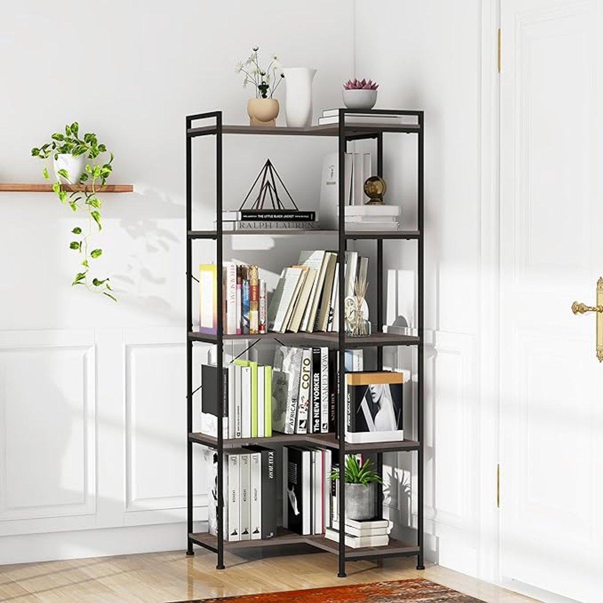 5-Laags Hoekboekenkast - Grote Staande Moderne Hoekplank Met Metalen Frame - Open Opbergrek Voor Boeken, Planten En Decoratie - Ruimtebesparende Kast Voor Woonkamer, Slaapkamer En Kantoor - Vintage Grijs