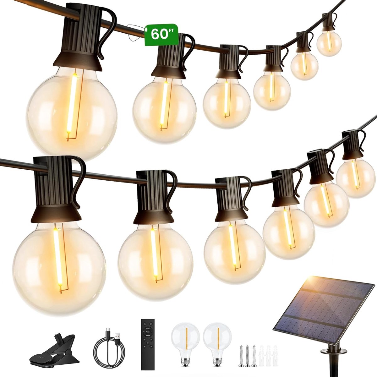 SnelShoppen - 60FT Solar String Lights Buiten met Afstandsbediening, Dimbare G40 LED Globe Lampen, 27 Stuks, Tuinverlichting voor Feesten en Buitengeb