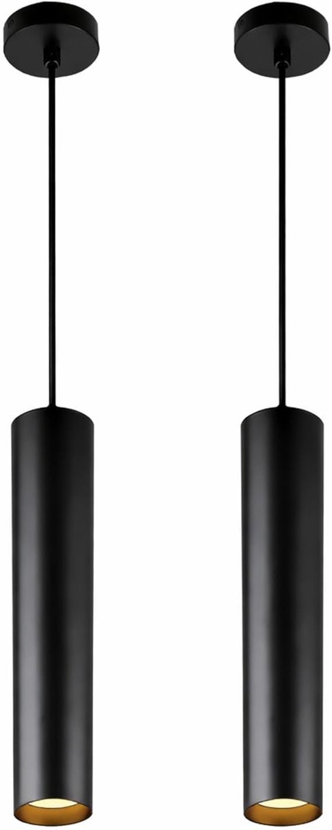 SnelShoppen - Set van 2 Moderne Zwarte Aluminium Hanglampen 30 cm met Minimalistisch Buisdesign, GU10 Fitting, Elegante Textielkabel, In Hoogte Verste