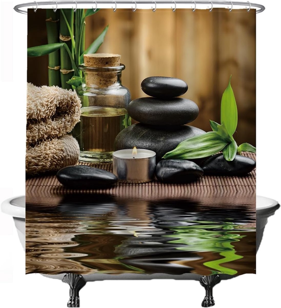 SnelShoppen - Douchegordijn Zen Spa Meditatie Natuur - 180x200 cm - Wasbaar - Anti Schimmel - Inclusief 12 Ringen - Groen Beige Zwart - Badkamer Decor