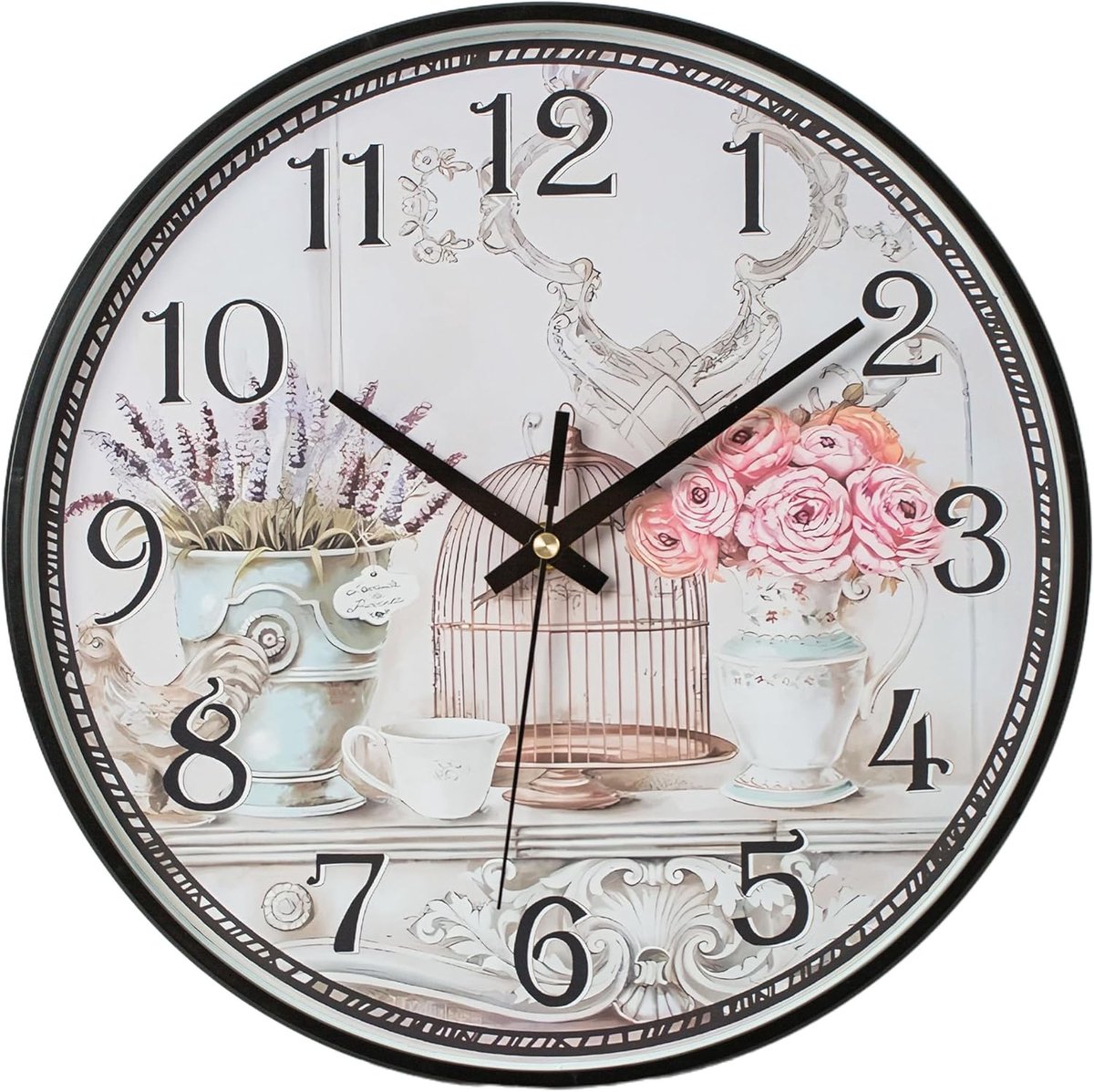 SnelShoppen - Vintage Wandklok 30cm - Shabby Chic Design met Rozen en Vogelkooi - Stille Decoratieve Klok voor Woonkamer, Keuken, Kantoor, Slaapkamer