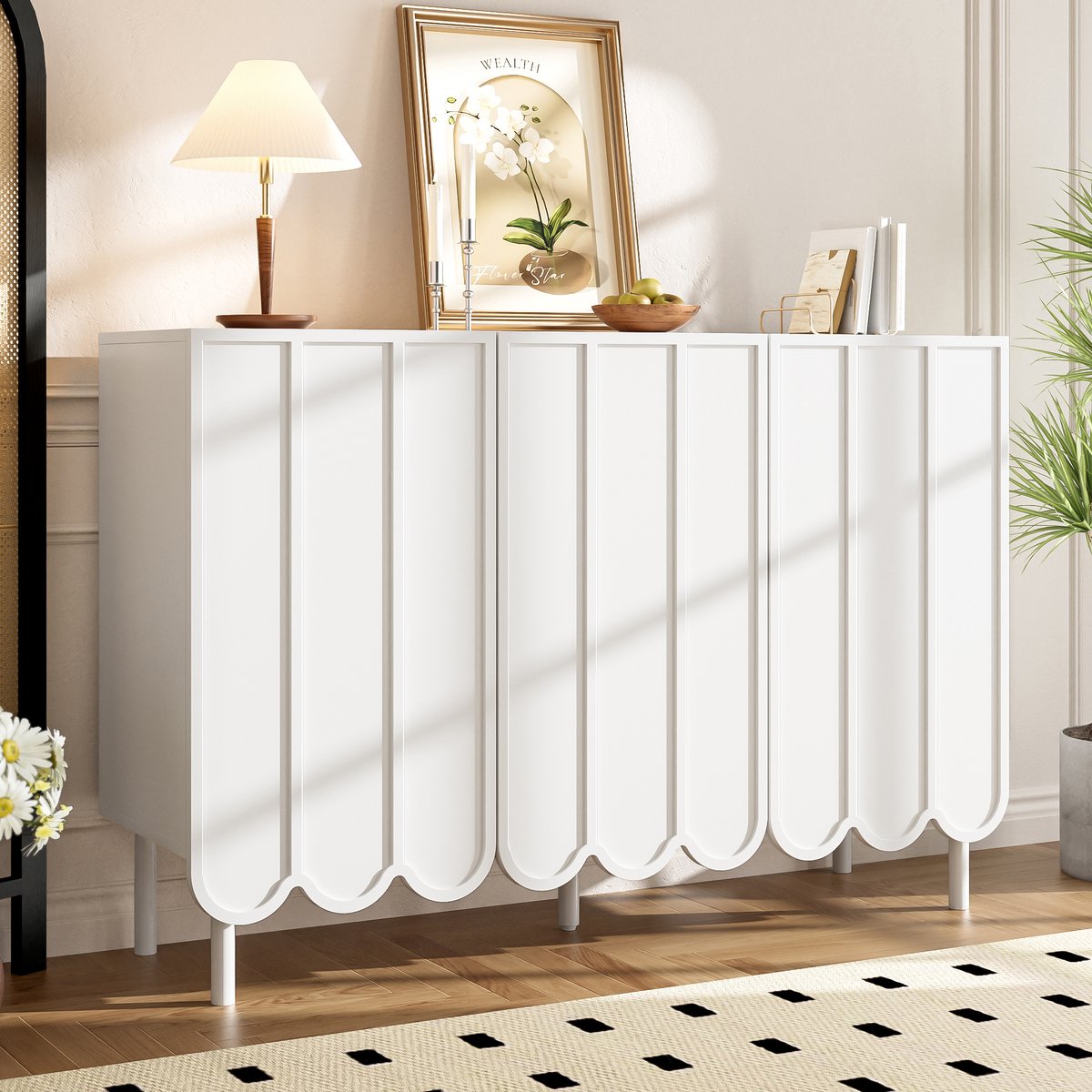 Wishdor - Dressoir - golvende deuren - greeploos opbergmeubel met verstelbare planken - modern - woonkamer en hal - houtlook - wit - 120 x 35 x 80 cm