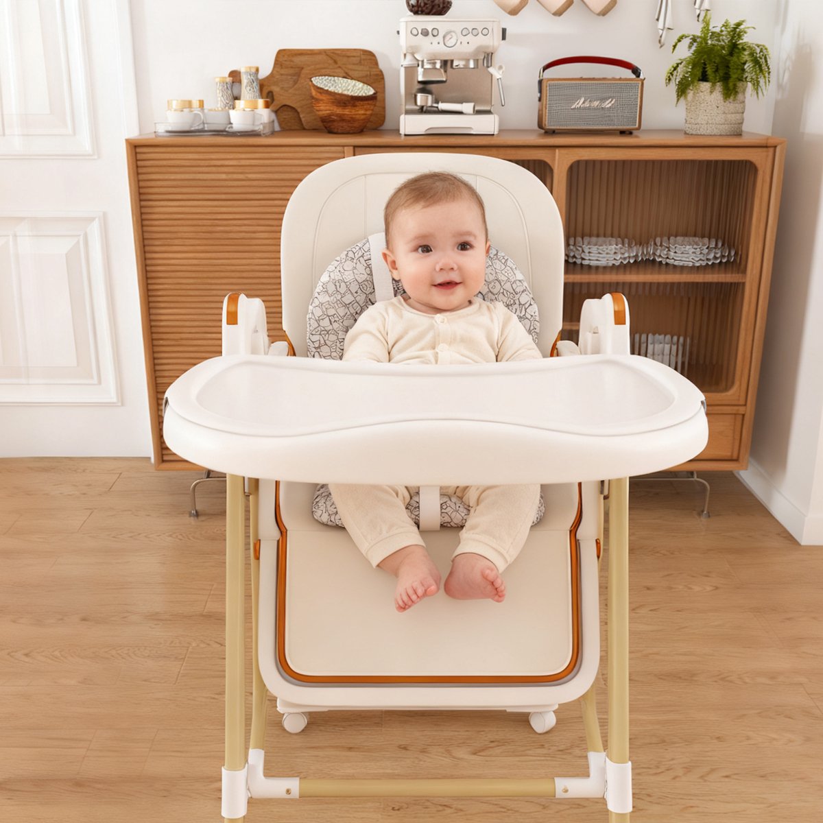 Kinderstoel 2-In-1 – Hoogteverstelbaar En Inklapbaar – 59 x 76 x 96 cm – Polypropyleen En PU – Wit – Met Eetblad En Wipfunctie
