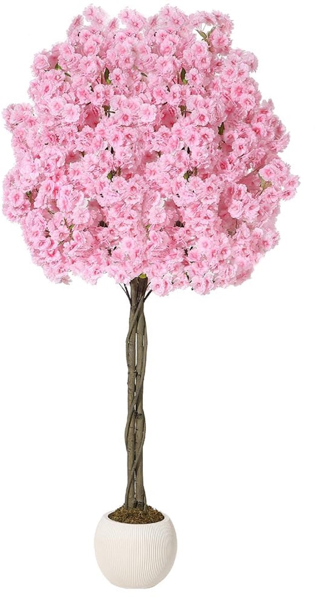 Natuurgetrouwe roze zijde kersenbloesemboom met gestructureerde kunststam, weelderige bloemen in sippot, UV- en verkleurbestendig, decoratie voor binnen, balkon, kantoor en bruiloften
