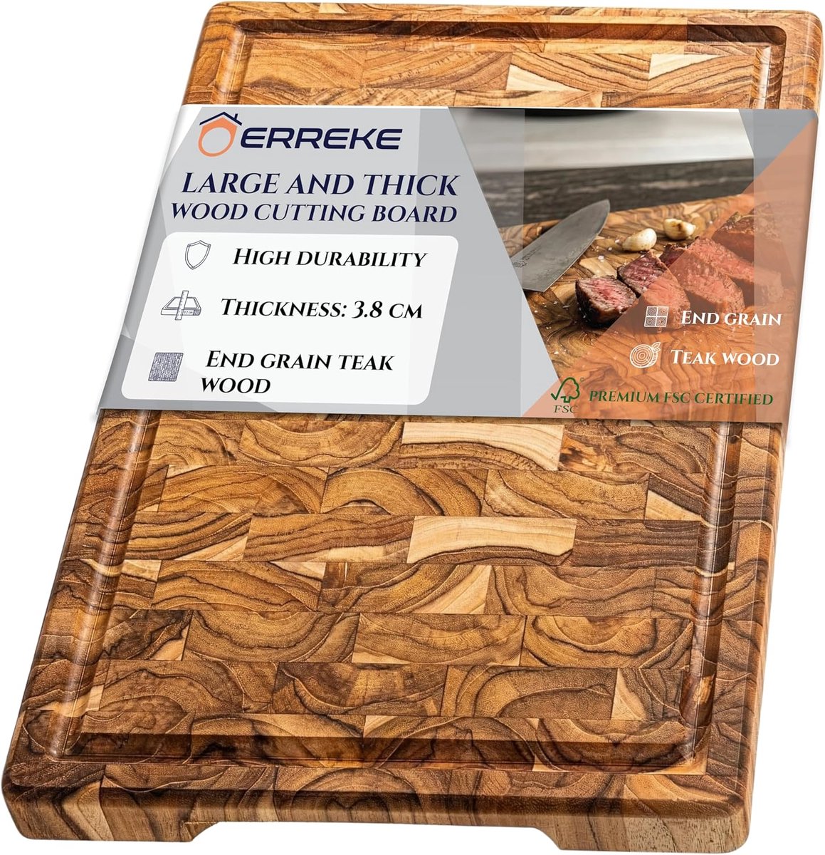 SnelShoppen - Grote Snijplank van Natuurlijke Teak End Grain 44x30x3.8cm | XL met Sapgroef, Omkeerbaar en Met Handvaten - Houten Snijplank voor Kaas,