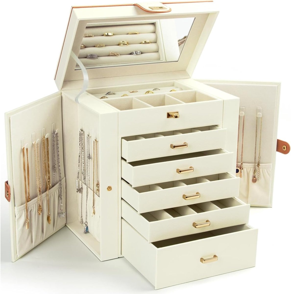 SnelShoppen - Grote Juwelenbox voor Dames, 6 Laags Sieraden Organizer met Spiegel en 5 Lades voor Ringen, Oorbellen, Kettingen en Armbanden in Wit en
