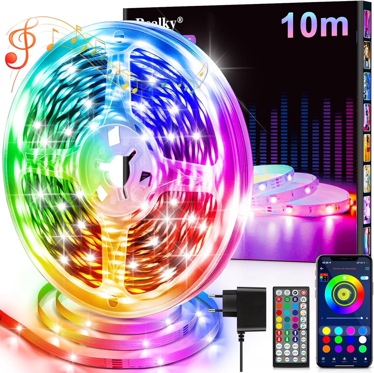 SnelShoppen - LED Strip 10 m met Afstandsbediening & App, Bluetooth RGB Fairy Lights met Muziek Sync, Dimbaar Kleurveranderend, Zelfklevend TV Achterg