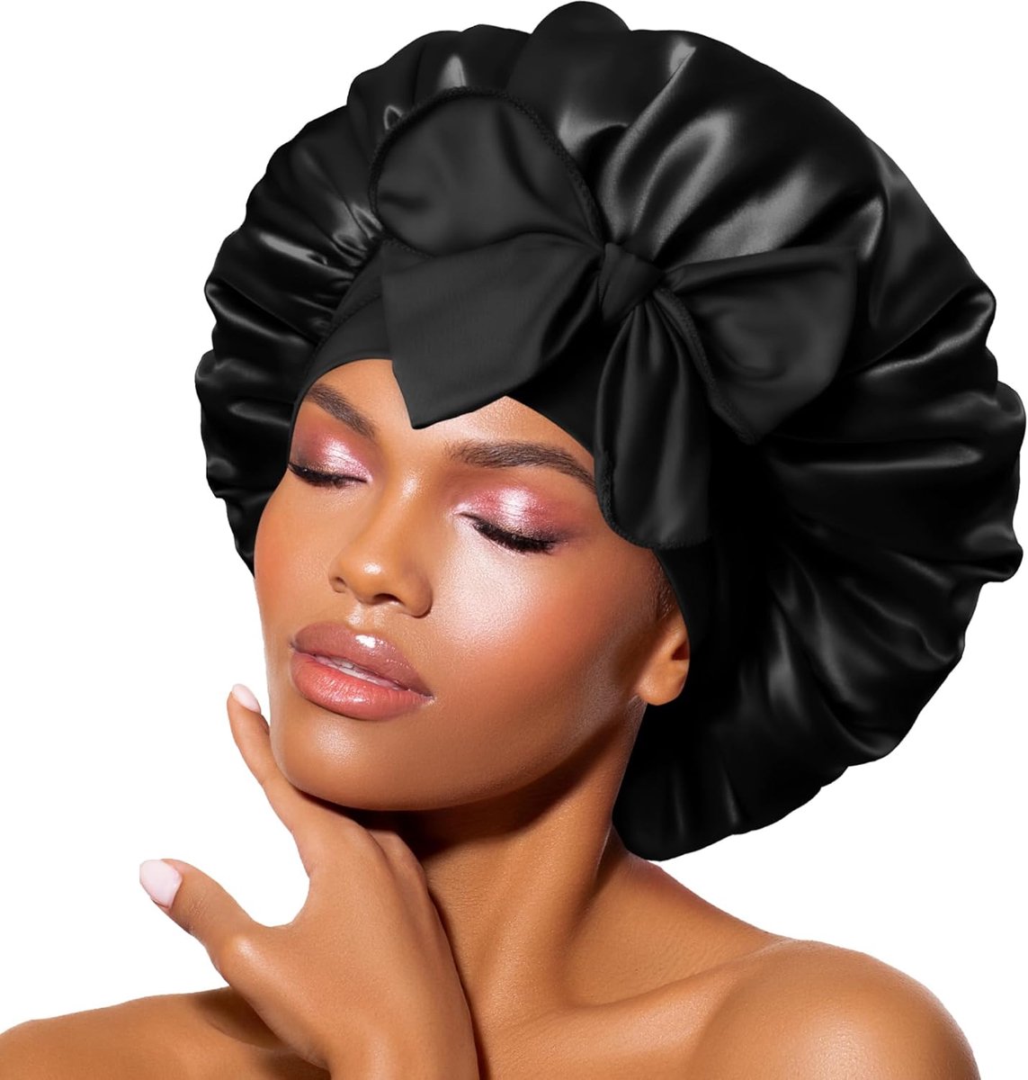 SnelShoppen - Satin Bonnet Dames, Verstelbare Zijden met Lange Strik, Zachte Anti-Fluff Slaapcap voor Krullend Haar, Zwart, Ideaal voor Lang en Kort H