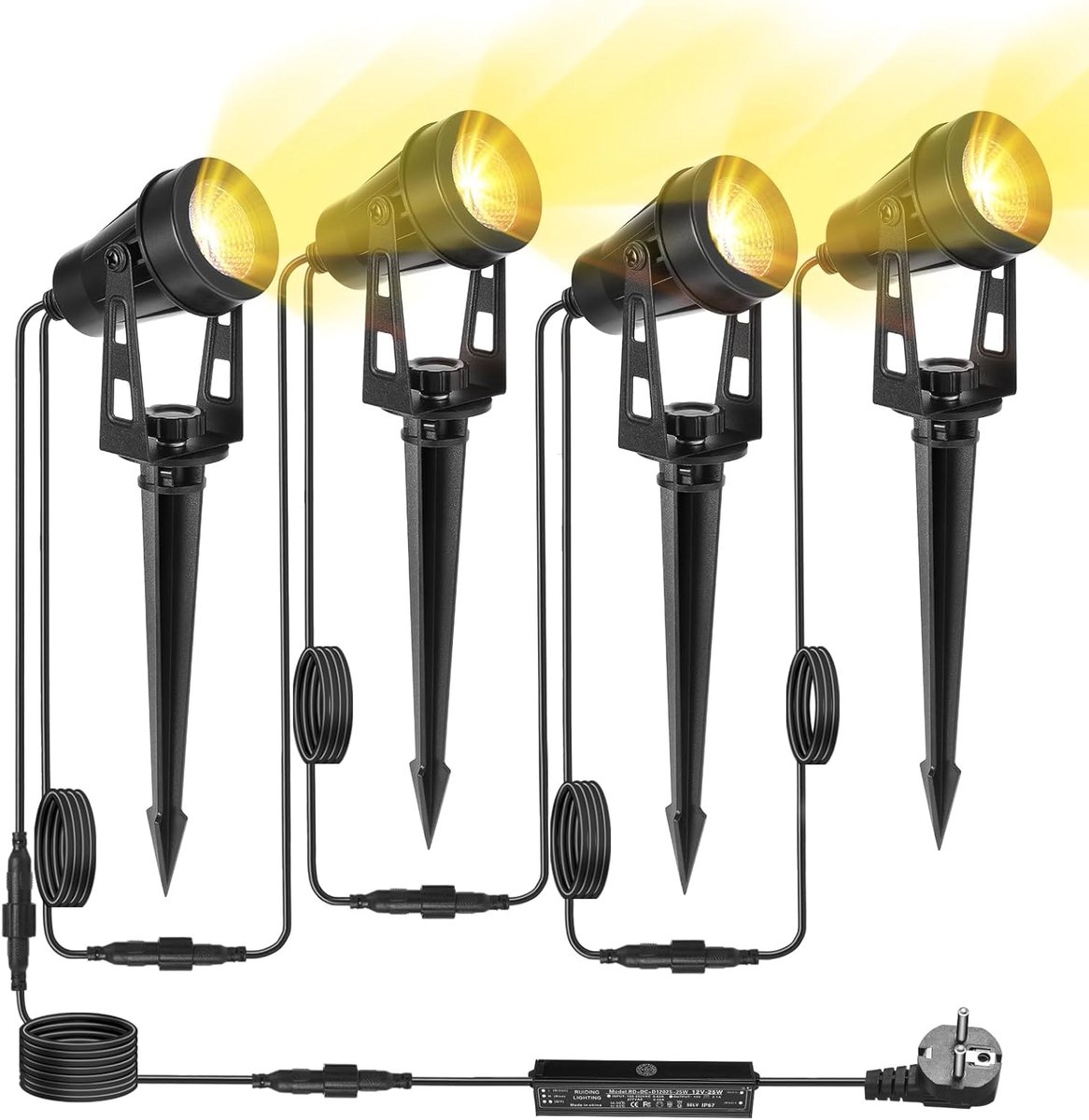 SnelShoppen - Outdoor LED Spotlight 4-in-1, 14 m, Warm Wit 3000 K, 12 V, IP65 Waterdicht, Perfect voor Tuin, Pad, Patio, Feest, Bomen en Gras