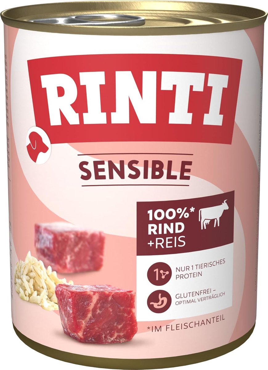 SnelShoppen - Sensitive Hondenvoer Blikvoer voor Volwassen Honden - Graanvrij Natvoer met Natuurlijke Vleesstukken - 6x800g Runder- en Rijstcombinatie