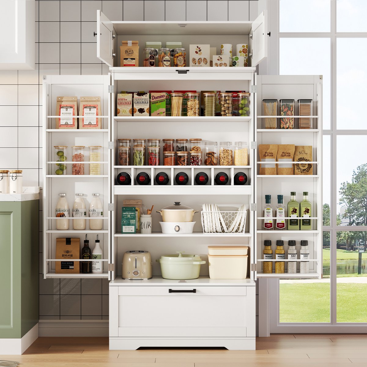 Wishdor - Buffetkast - Keukenopbergkast met wijnrek en lade - Industrieel - Voor keuken, eetkamer en woonkamer - Houtlook - Wit - 80 x 40 x 180 cm