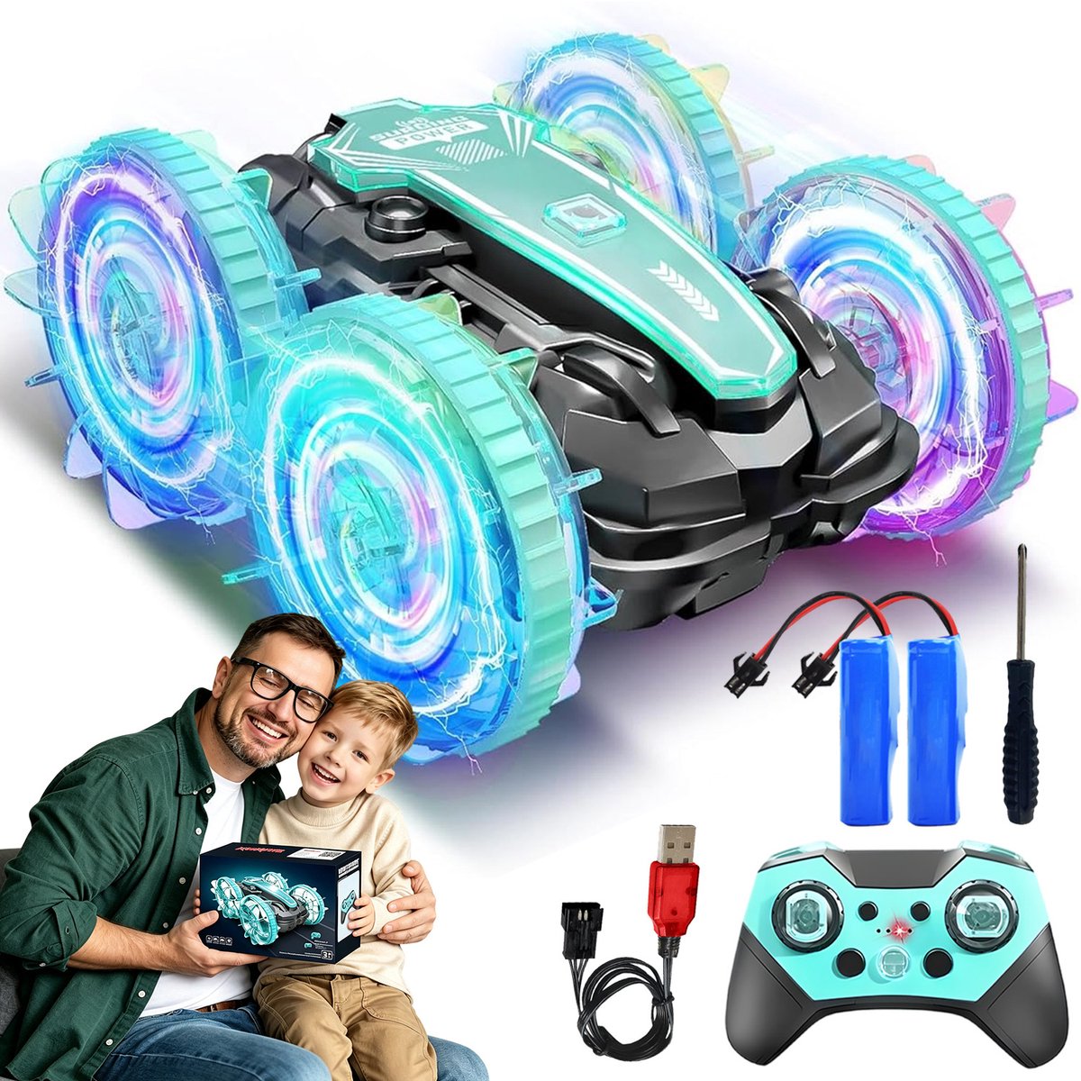 Stunt Auto - RC Auto - amfibisch - waterdicht - 360° flips - RGB-verlichting - 2x 1200mAh batterijen - 40 m bereik - voor kinderen vanaf 3 jaar