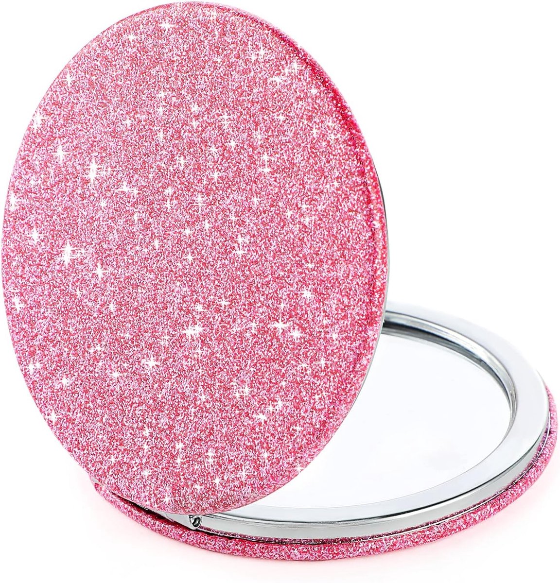 SnelShoppen - Compacte Glitter Makeup Spiegel - Opvouwbare Handspiegel 1x/2x Vergroting - Schattige Ronde PU Leren Spiegel voor Vrouwen en Meisjes - P