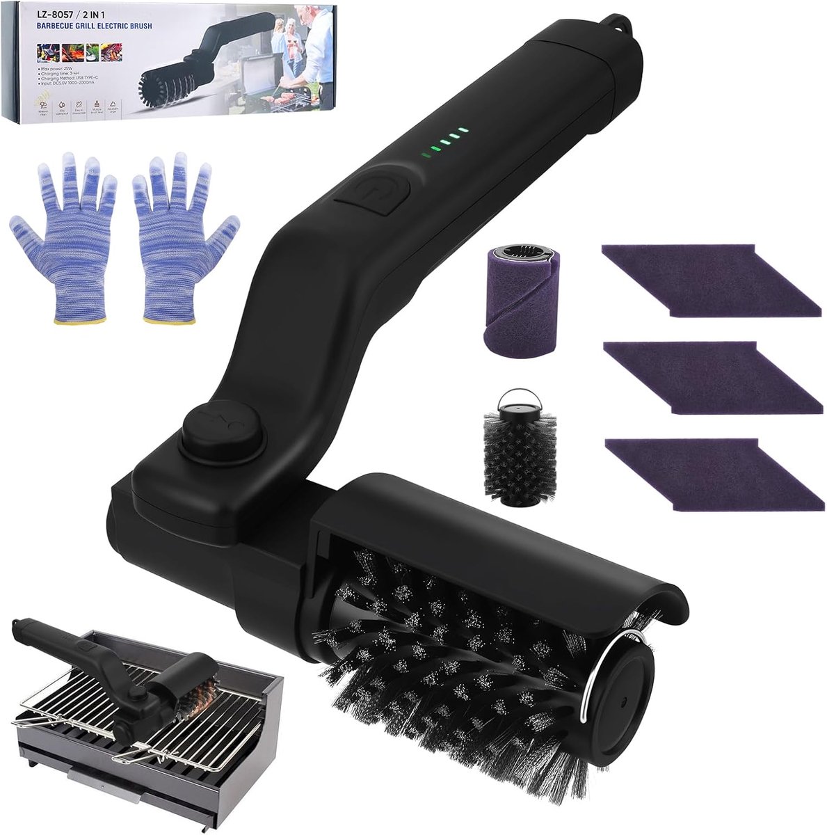 SnelShoppen - Elektrische Grill Cleaner zonder Borstel, RVS BBQ Schoonmaker met LED, 3 Snelheden, 5-Staps Accu Indicator, Grill Reinigingsborstel voor