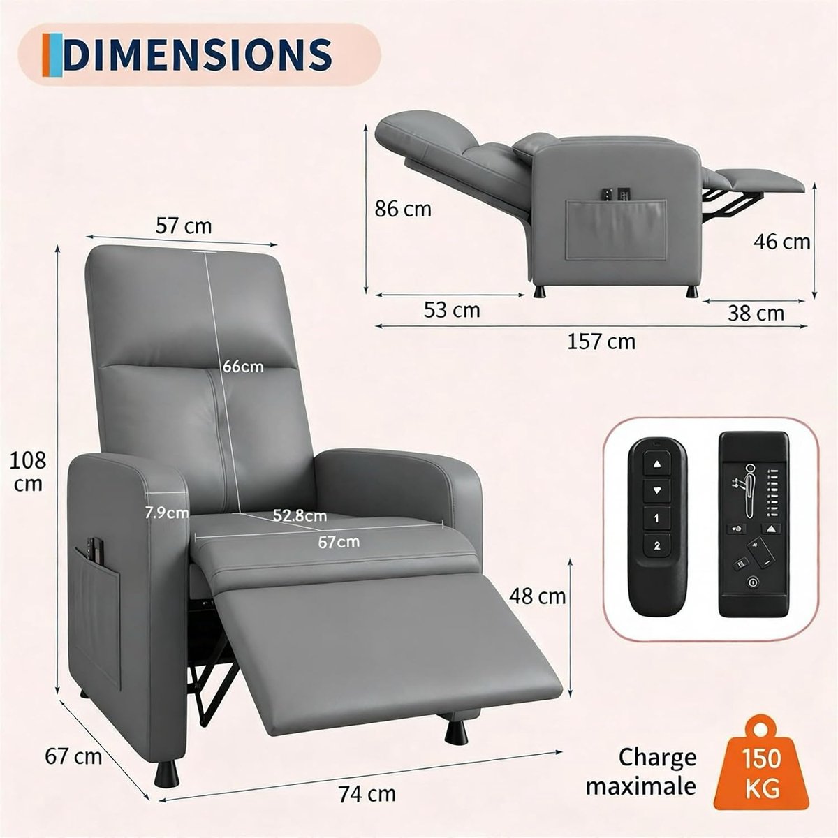 Elektrische Relaxstoel met Massage en Verwarming - Verstelbare TV-fauteuil (90°-150°) - PU-Leer - Geheugenfunctie - Grijs - Max. 136 kg – foto 6