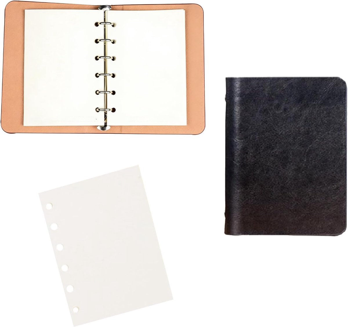 SnelShoppen - A7 Notitieboek Leer Zwart Ringband Navulbaar 6 Ringen Klein Notitieboek Voor Onderweg Mini Notitieboek Papier Voor Kantoor School Reizen