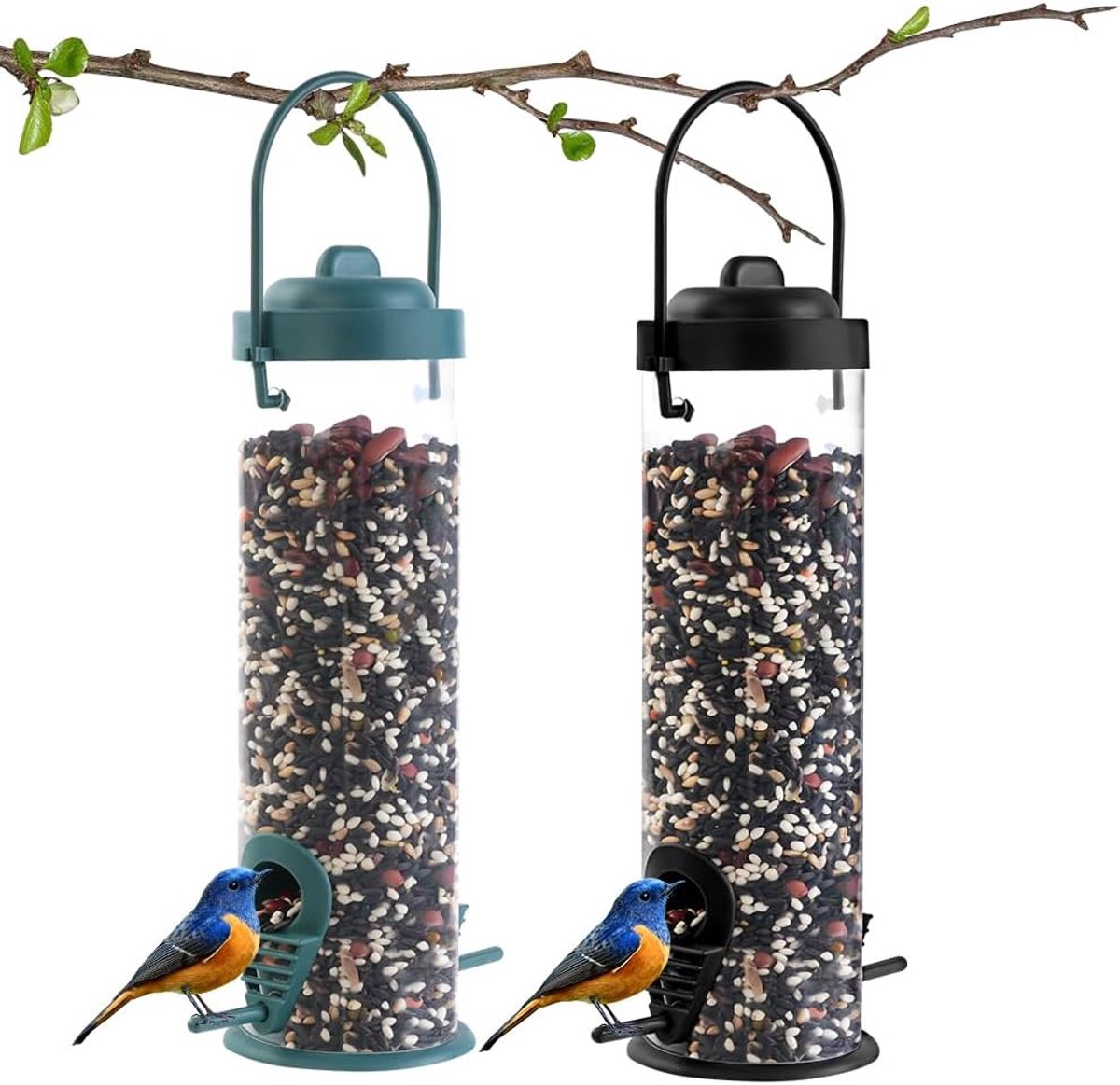 SnelShoppen - Hangende Vogelvoederbak 2 Stuks - Premium Hard Plastic Vogelvoerhuis met 360° Gezichtsveld, 2 Voederpoorten voor Tuin en Gazon, Groen en