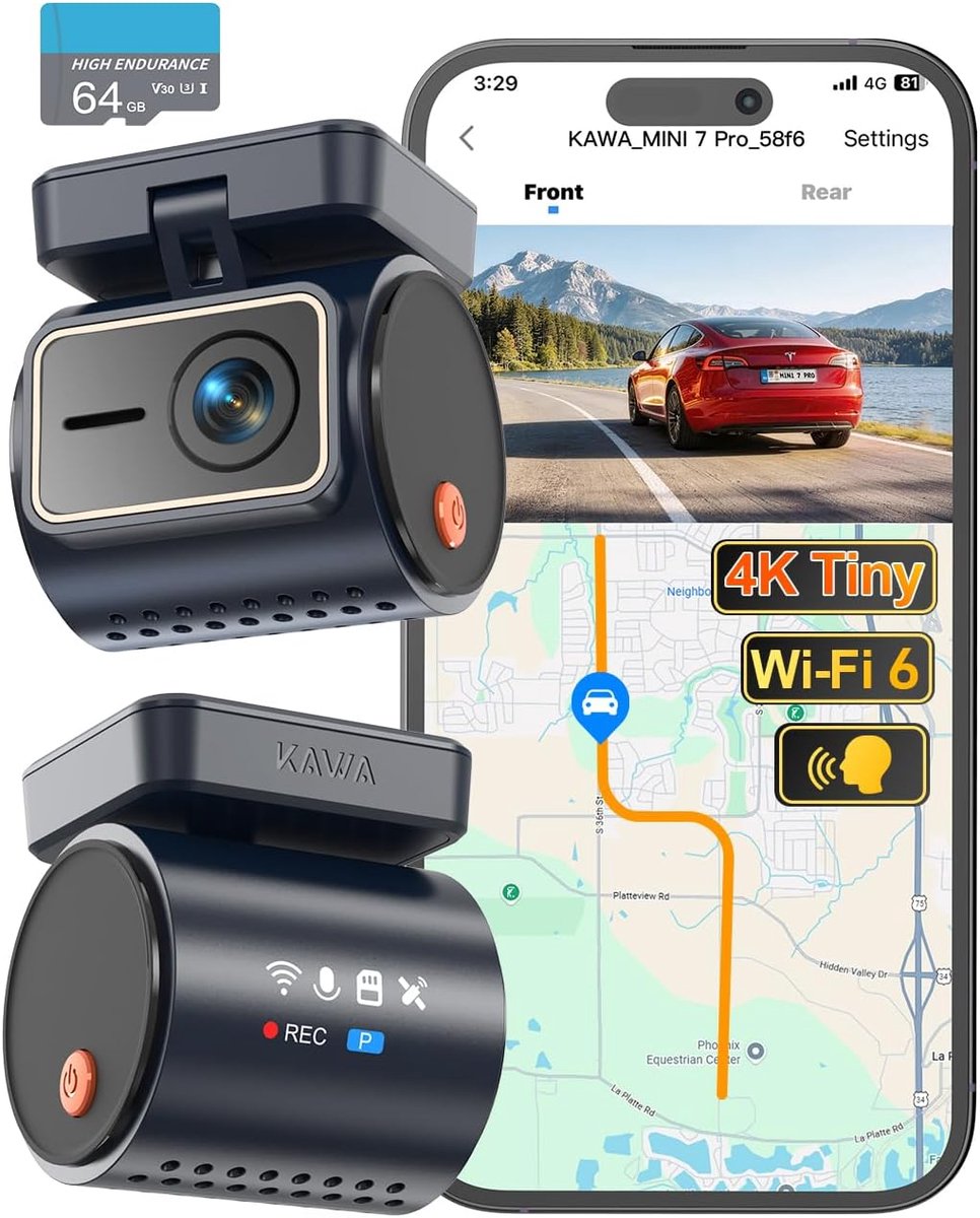 SnelShoppen - KAWA 4K Mini Dash Cam, Voice Control, Stealth Display, 2K HDR Nachtcamera, Ingebouwde Wi-Fi 6 & GPS, 24/7 Gebufferde Parkeermodus, Onder