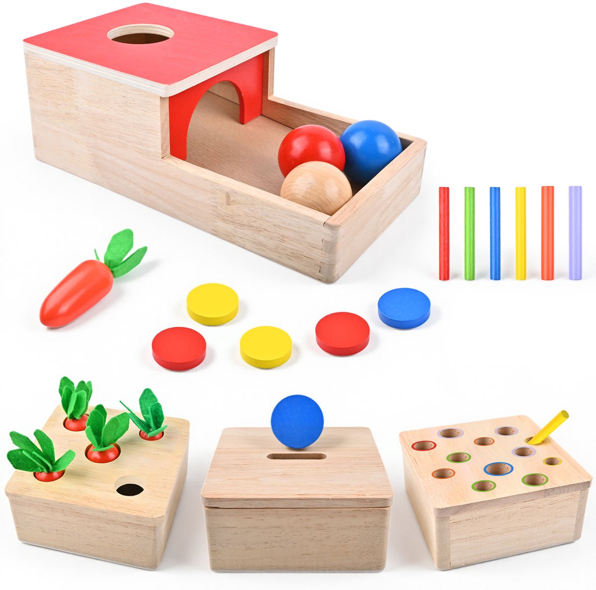 Houten speelgoed vanaf 1 jaar | 4-in-1 speelgoed voor de motorische ontwikkeling van baby's vanaf 6 maanden (jongens en meisjes) | Montessori objectpermanentie sorteerspel, houten puzzel, kinderverjaardagscadeau