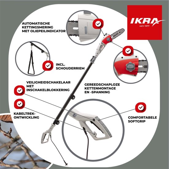 IKRA elektrische telescopische hoogsnoeier IEAS 750, werkhoogte tot 4 meter, met schouderriem twee kettingen, 750 W van IKRA — afbeelding 5