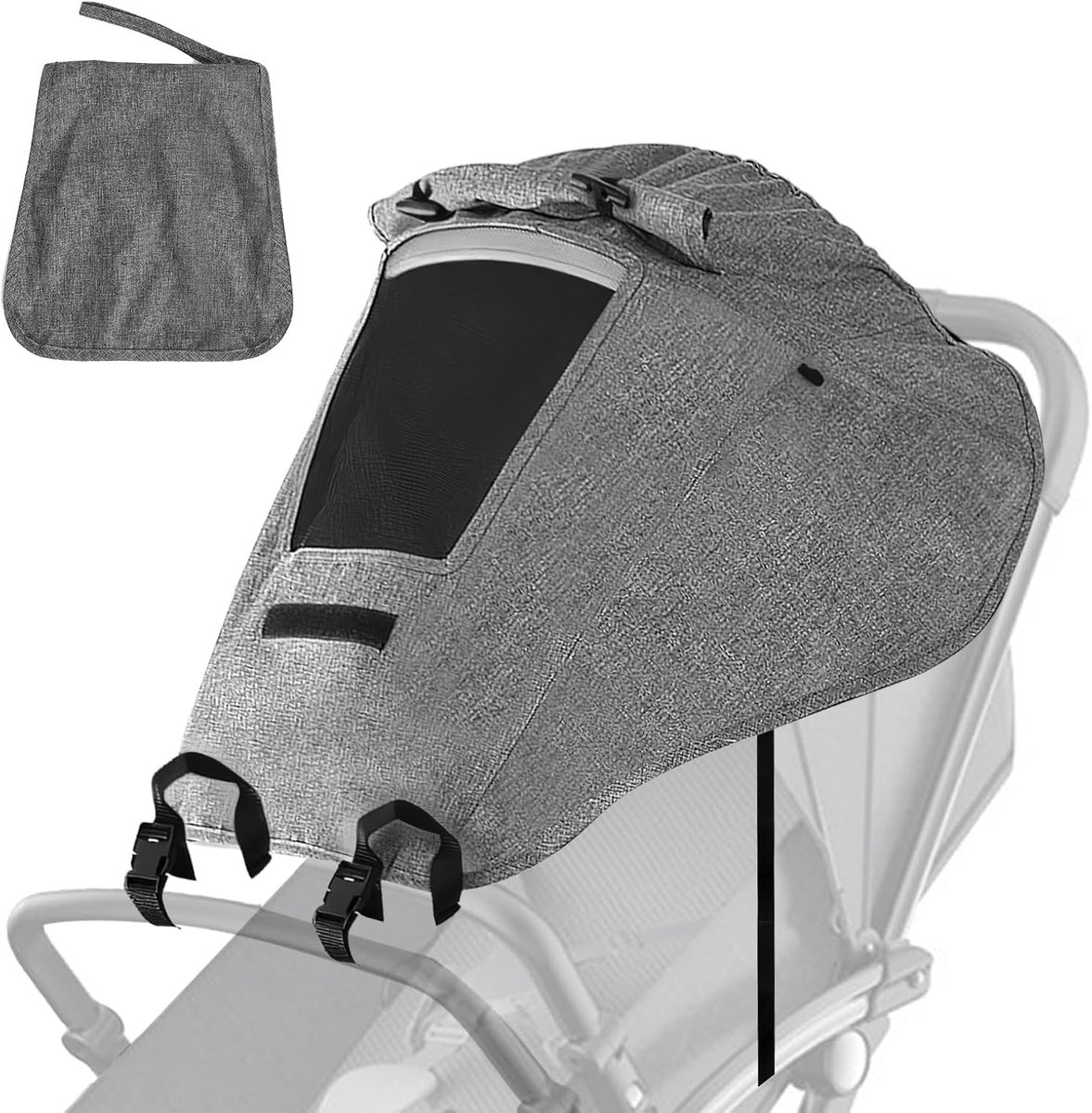 SnelShoppen - Zonnezeil voor Kinderwagen met UV-Bescherming, Zonwering, Kijkvenster, Waterdicht Nylon, Grijs, Ideaal voor Camping en Dagelijks Gebruik