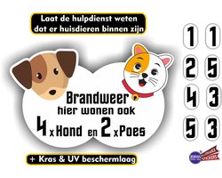 Jerma - Brandweer sticker – Hier zijn hond en poes aanwezig - 10 x 17 cm - Zelfklevend - Vinyl
