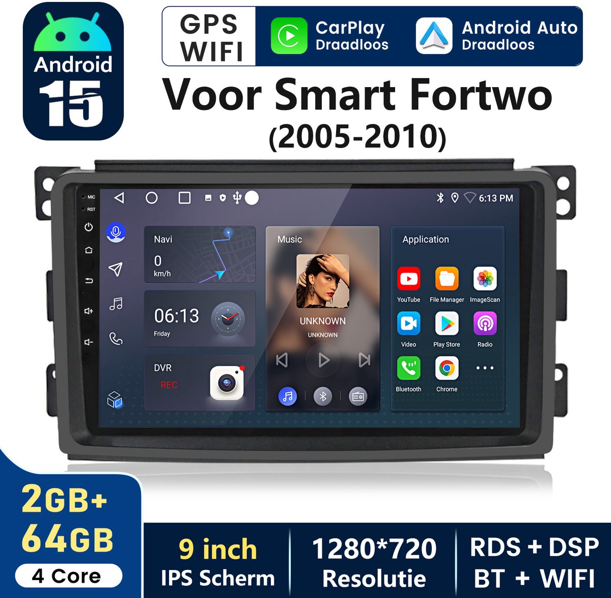 HexinexMarket - Autoradio Geschikt voor Smart Fortwo 451 (2005-2010) - Draadloos CarPlay, Android Auto, multimediaspeler, GPA NAVI - 2GB+64GB