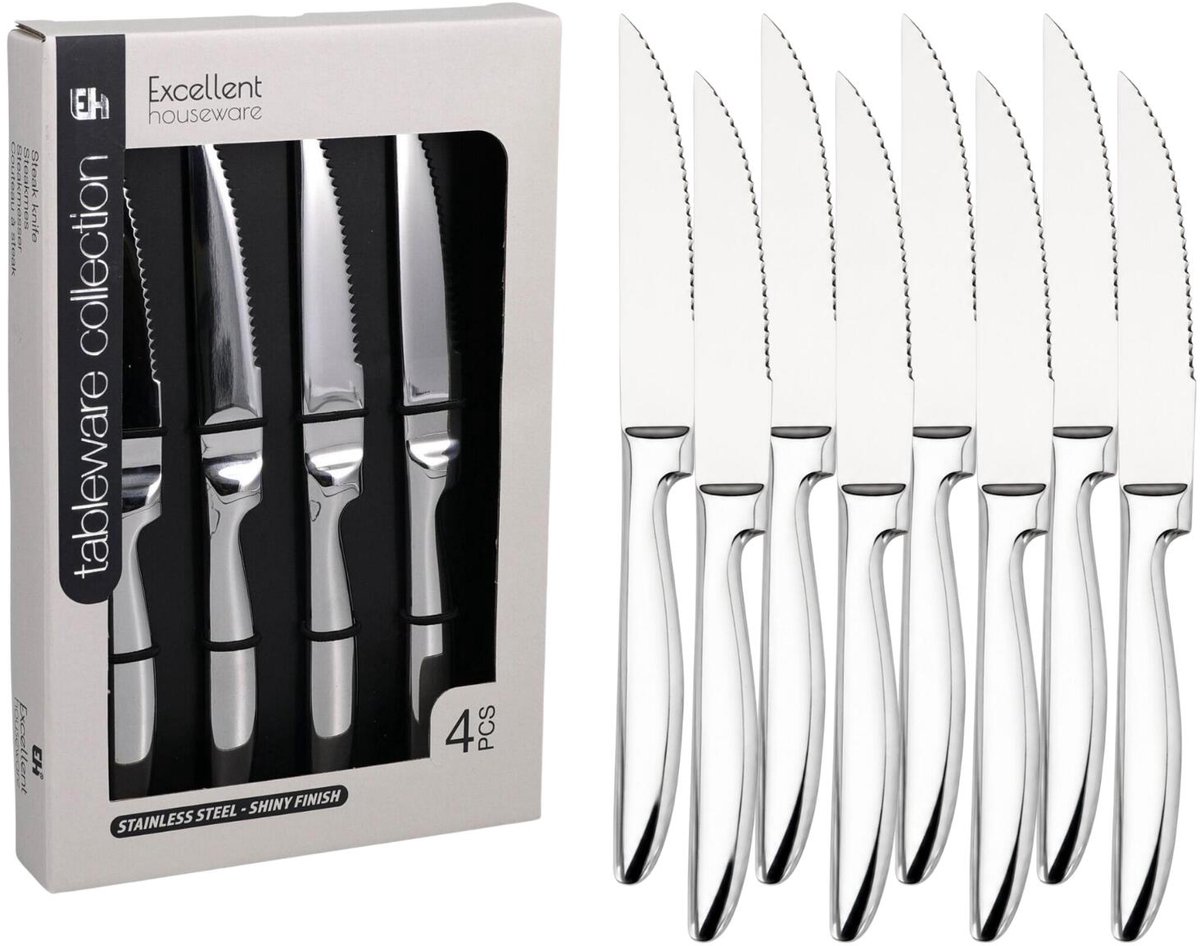 Excellent Houseware BBQ steakmessen set - 12x stuks - RVS - zilver - 22 cm - kartels - messenset - vleesmessen