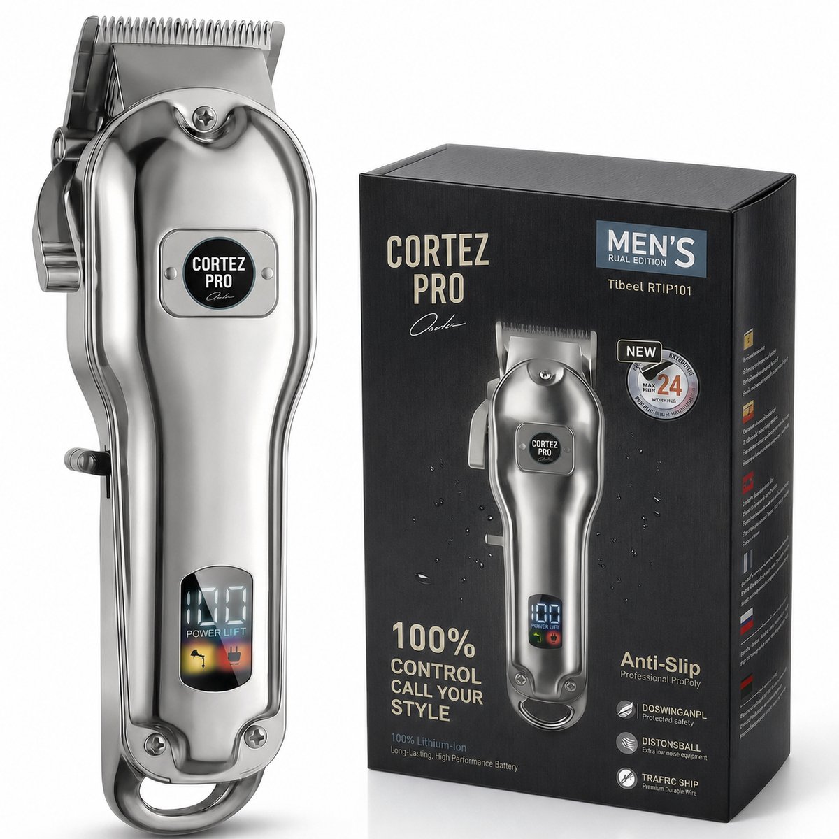 Cortez Pro Acero Professionele Tondeuse – Draadloze Haartrimmer – Barber Clipper – LCD Display – RVS Zelfslijpende Messen – Baard- en Haartrimmer – USB Oplaadbaar