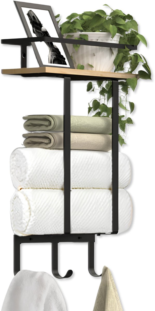 SNJY® Handdoekrek Badkamer - Handdoekhouder Hangend - Handdoekstang - 3 Haken - 14L x 39B x 58H cm - Zwart