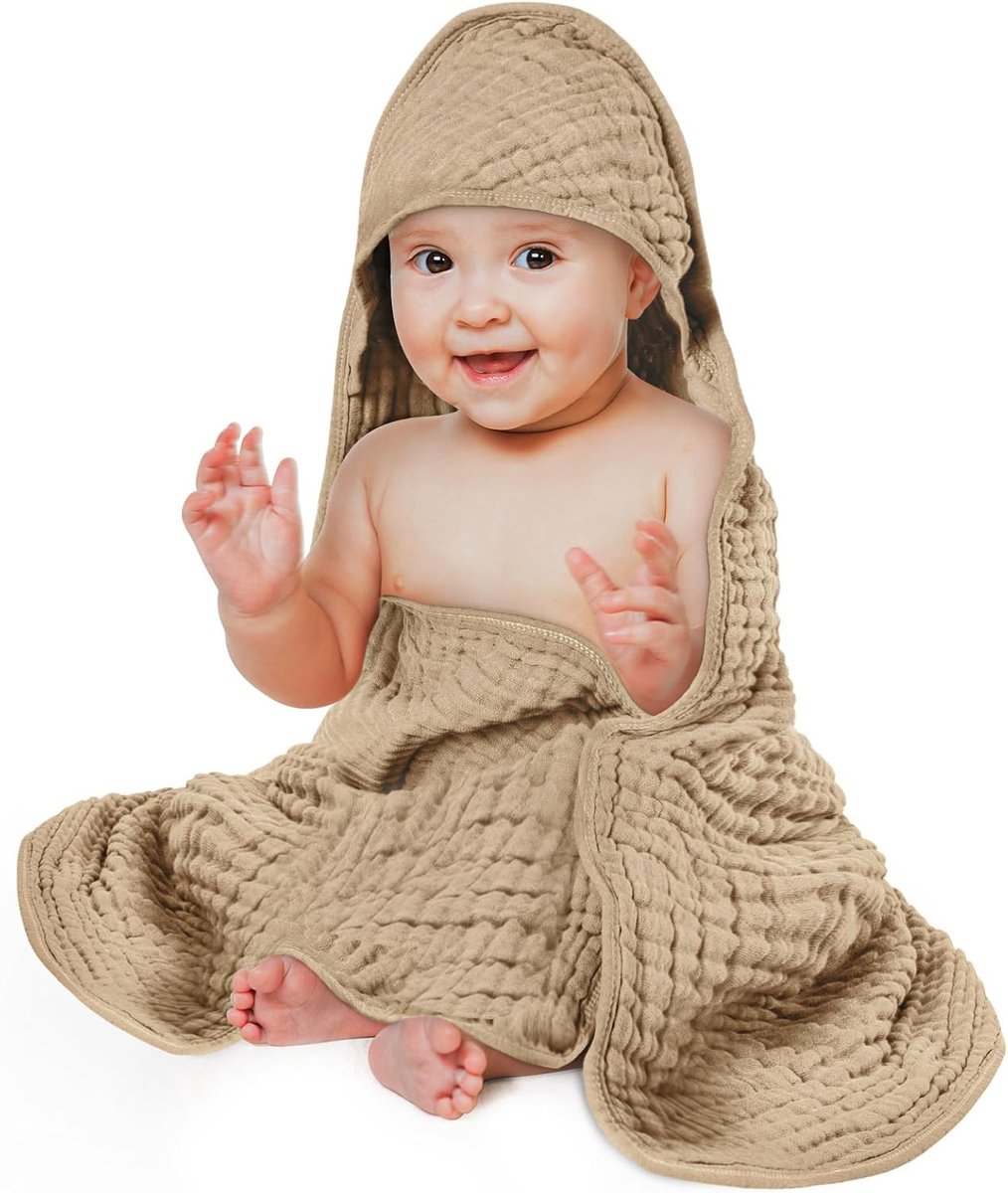 SnelShoppen - Baby Kapdoek 80 x 80 cm - Zachte en Super Absorberende Crepe Katoenen Bad Poncho met Kap - Unisex - Bubble Sand Beige - Perfect voor Bad