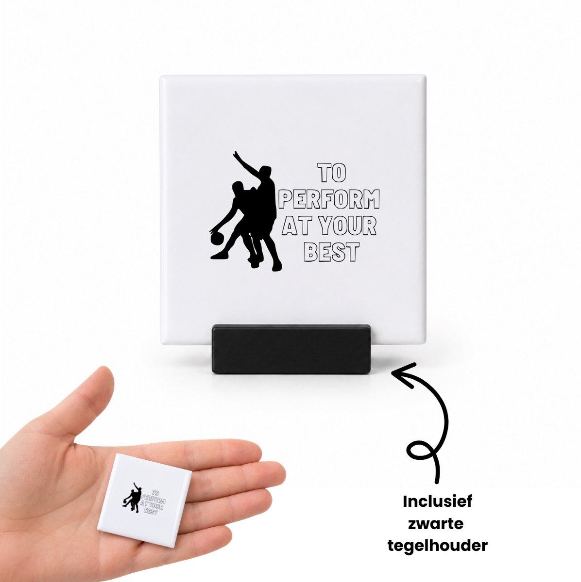 Hacebo Op je best presteren tegeltje met tegelhouder - Sport - familie vrienden sporters - tegeltjes met tekst - cadeau - spreuktegels - 4.8x4.8 CM Wit