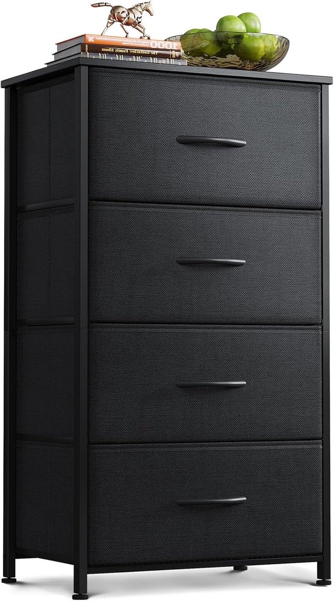 SnelShoppen - Smalle ladekast met 4 lades, compact en ruimtebesparend, stabiel stalen frame, houten bovenblad, voor slaapkamer en woonkamer, zwart