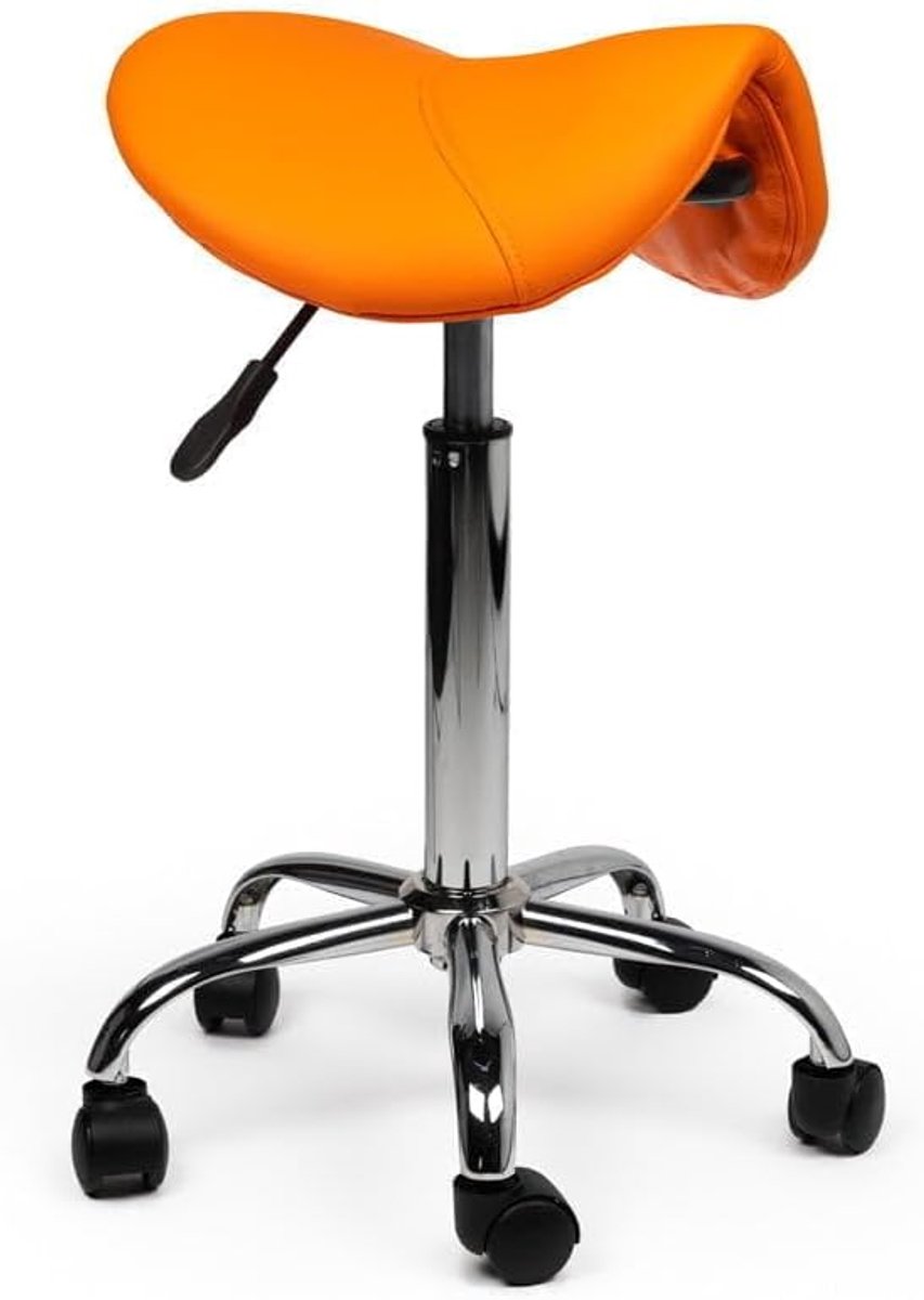 SnelShoppen - Ergonomische Zadelkruk Oranje - Verstelbare Draaikruk met Wieltjes voor Salon, Kantoor & Thuis - Kunstlederen Zitting 50-68cm