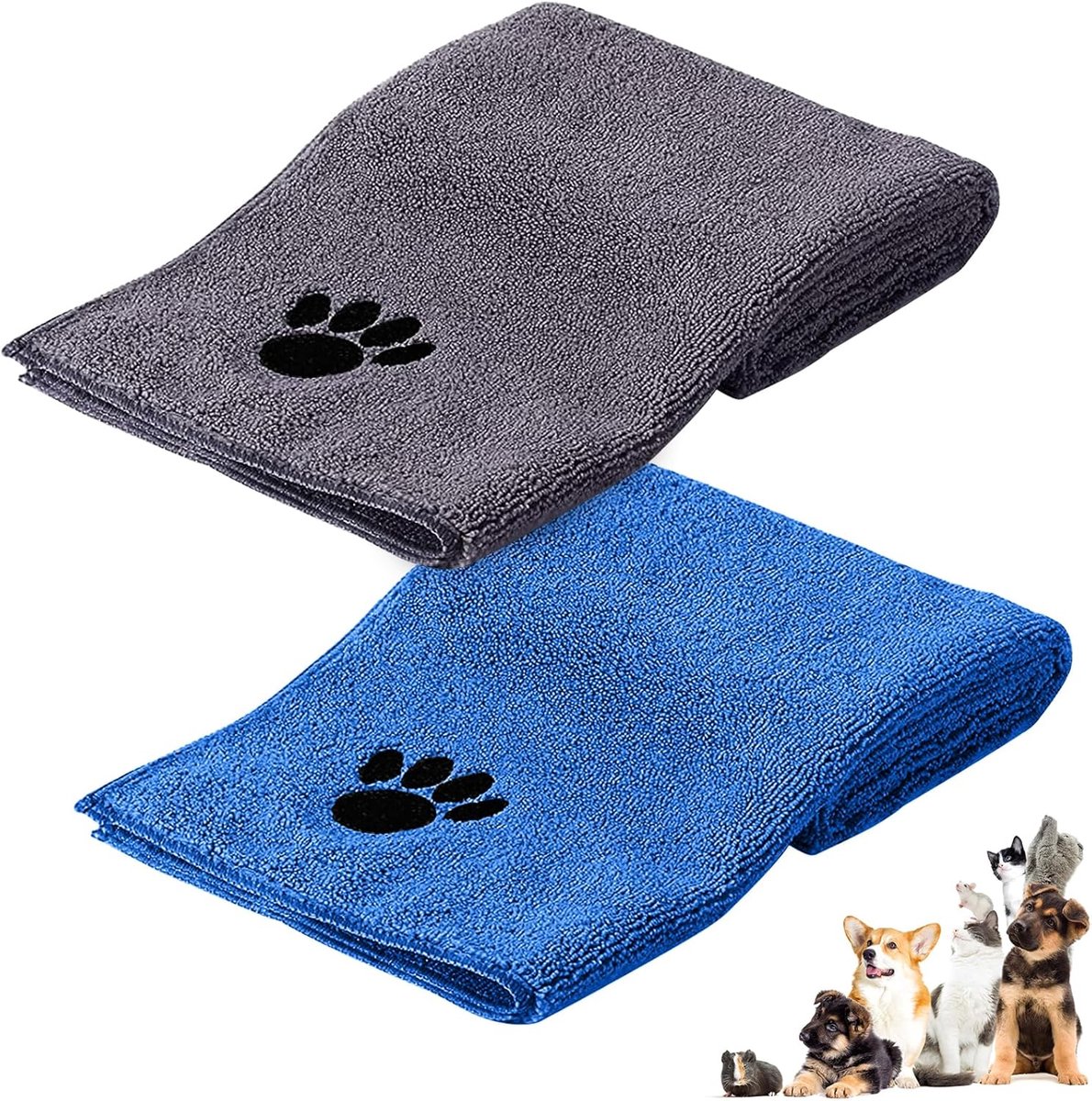 SnelShoppen - Microvezel Honden Handdoek 35x75 cm, Super Absorberend en Sneldrogend, Wasbaar, Geweven Pootjes, Zacht en Duurzaam, Grijs Blauw, Set van