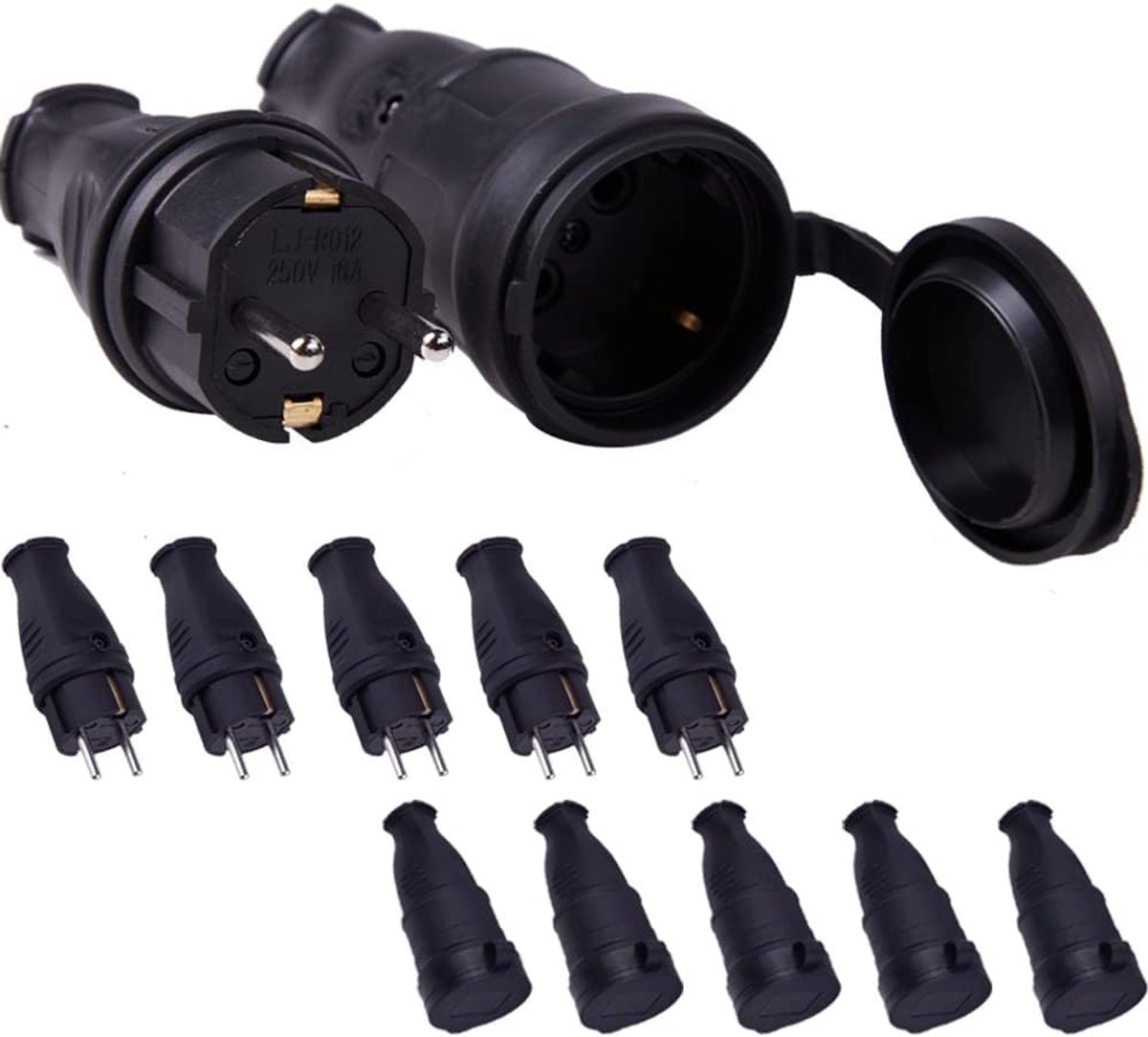 SnelShoppen - Schuko Coupling met Spatwaterdichte Kap, 5 Stekkers + 5 Stopcontacten | 16A-250V-4000W | Schokbestendig en Breukvast voor Buiten, Werkpl