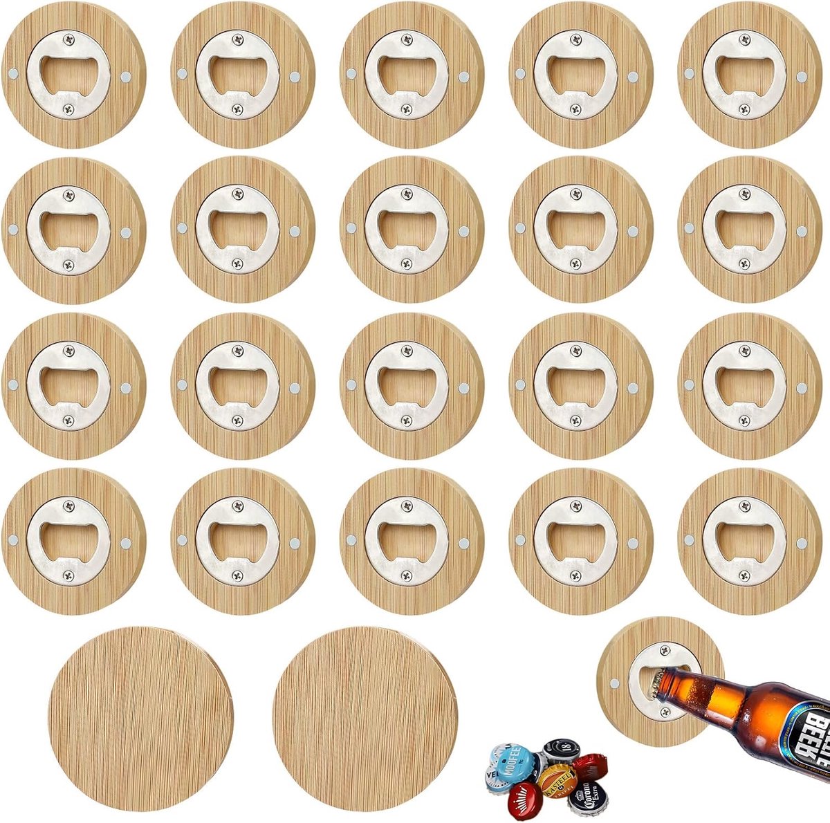 SnelShoppen - 20 Stuks Houten Flessenopeners, Magnetische Flessenopeners, Ronde Bamboo Flessenopeners, Persoonlijke Bieropeners voor Feest, Camping, K