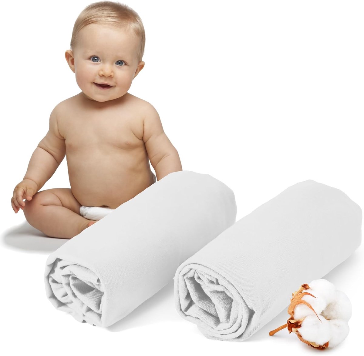 SnelShoppen - Fitted sheet 40x90cm voor wieg - 100% katoen jersey, 150g/m², OEKO TEX gecertificeerd, Wit, Set van 2, Comfortabel en veilig voor kinder