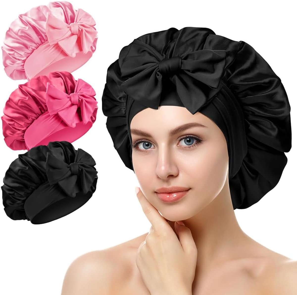 SnelShoppen - Zijde Nachtmuts voor Krullend Haar, 3 Stuks Elastische Dames Hoed, Verstelbare Satijnen Haarbescherming voor Lang Krullend Haar, Ideaal