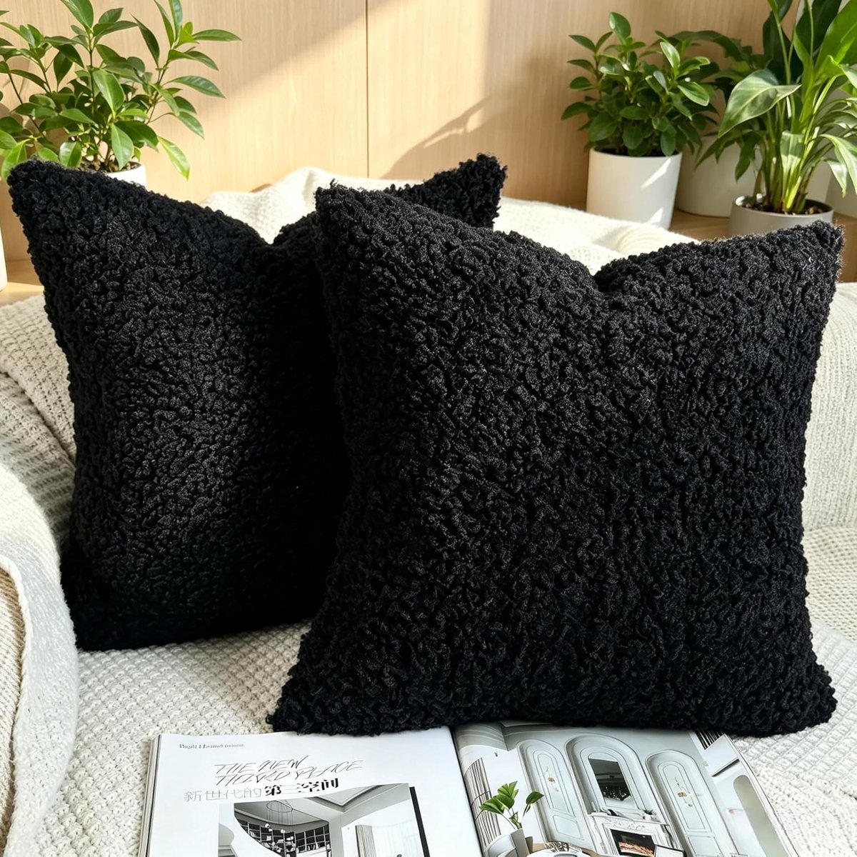 SnelShoppen - Set van 2 Zwarte Fluffy Kussenhoezen 40x40 cm - Zachte Faux Fur Decoratieve Kussens voor Sofa en Bed - Moderne Boerderij Stijl Woondecor