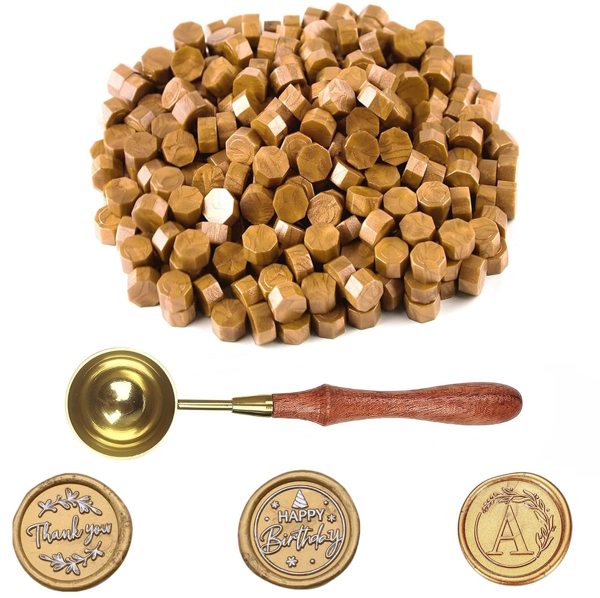 SnelShoppen - 100 Stuks Gouden Sealing Wax Kralen met 1 Smeltlepel, Octagonale Wax Seal Set voor Stempels, Uitnodigingen, Enveloppen, Kaarten, Cadeauv