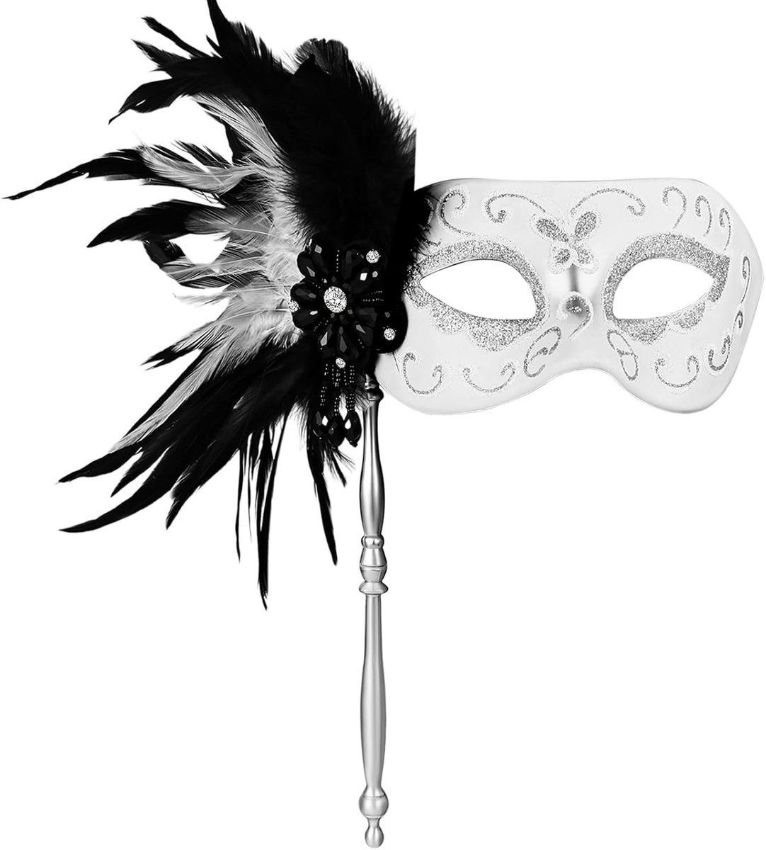 Masker voor Carnavalsfeest - Venetiaans Zilver Glitter - Handheld met Veer - Perfect voor Halloween - ShopVlot