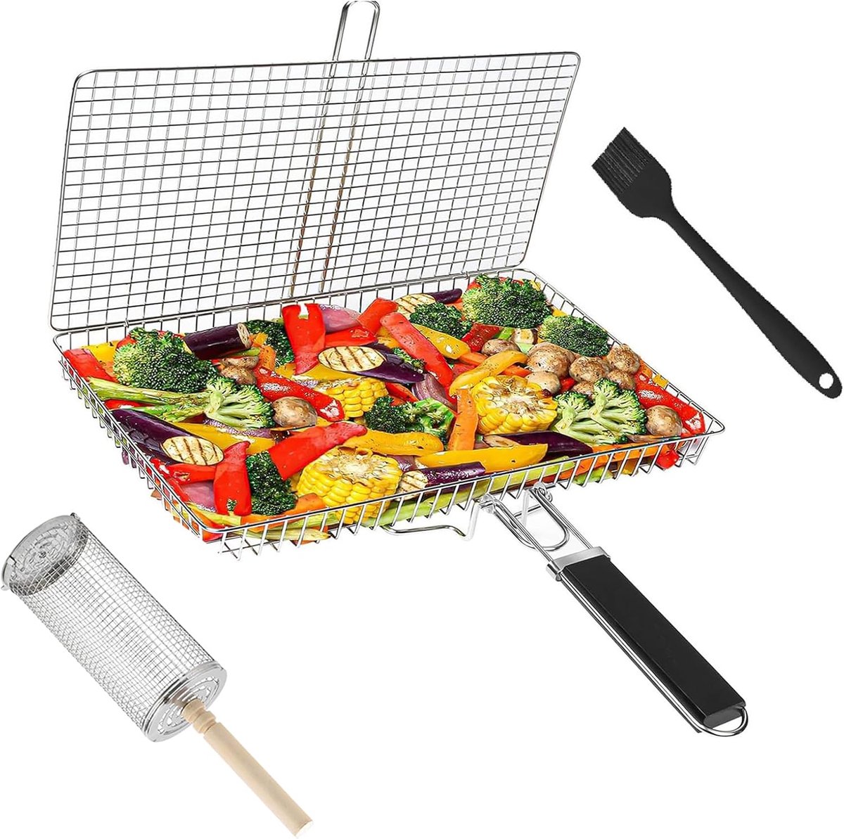 Grillmand Set van 2 - Roestvrij staal - Verwijderbare houten handgreep - Ideaal voor BBQ - ShopVlot