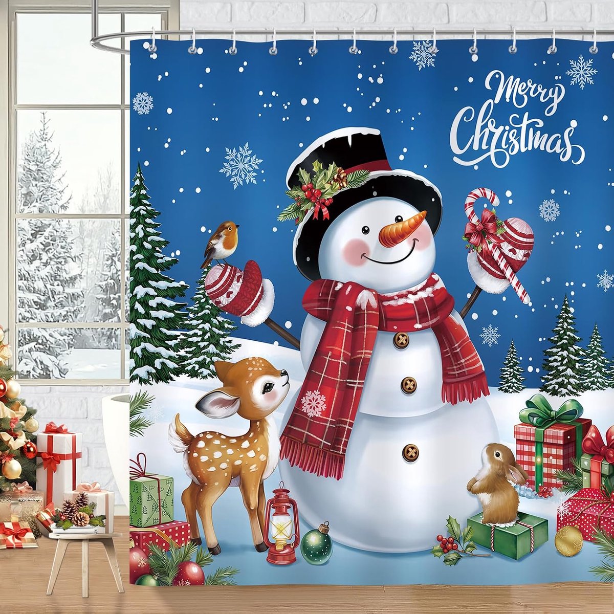 Douchegordijn kerstman 180x180cm - polyester - waterdicht en schimmelbestendig - sfeervolle winterse badkamerdecoratie - ShopVlot