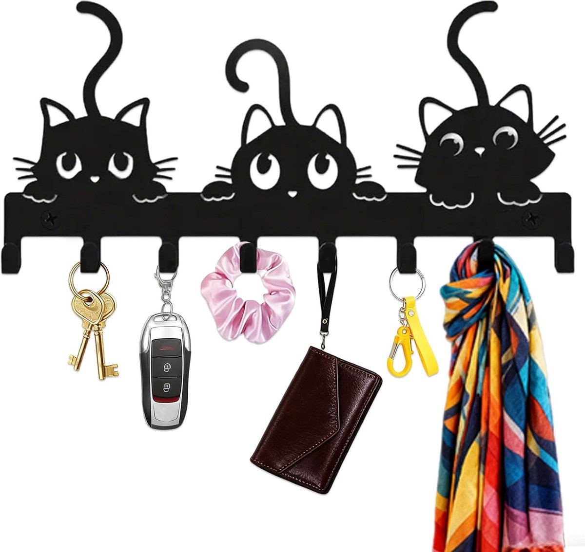 Sleutelrek met kattenontwerp - metalen wandkapstok - zwarte kleur - sfeervolle haldecoratie - ShopVlot