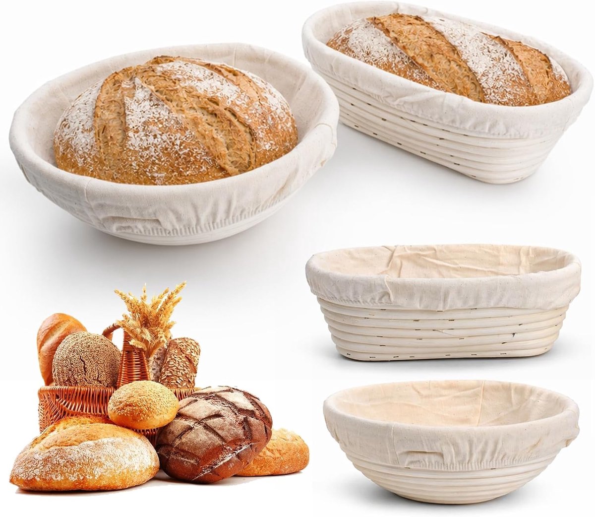 Gistmanden set 2 stuks - ovaal en rond - rotan met linnen inzetstukken - ideaal voor zuurdesembrood bakken - ShopVlot