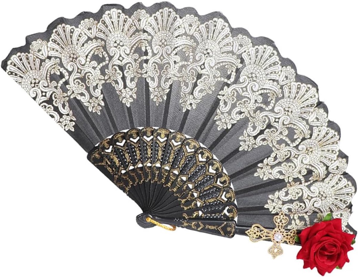 Vouwfan met goudaccenten - Hoogwaardige stof - Klassiek Chinees ontwerp - Perfect voor evenementen - ShopVlot